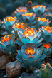 A Lophophora williamsii garden where each cactus is a different piece of stained glass, colored light filtering through,