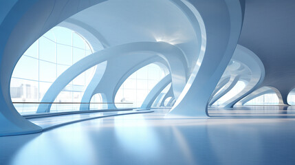 Poster - Abstract architecture scene with smooth curves. Abstract background with futuristic building in white and blue colors.