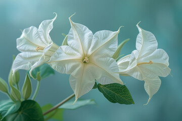 Poster - Surreal vision of datura flowers with stems that twist like DNA helices, petals unfolding in Fibonacci sequences,
