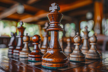 A wooden chess set with a wooden king on top