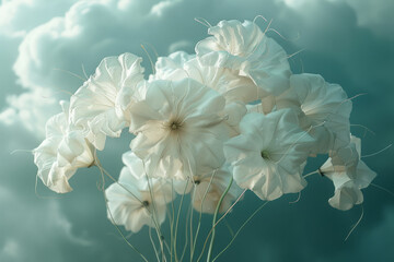 Poster - Datura flowers depicted as a cluster of balloons, floating away into a cloudy sky, tethered by wispy strings,