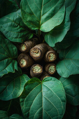 Poster - Kava roots depicted with a glowing aura, nestled in a bed of calming green leaves,