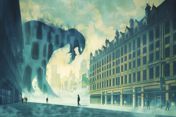 Wall Mural - A giant monster is walking down a city street