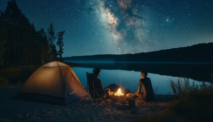 The Night camping on shore. Couple hikers having a rest in front of tent at campfire under evening sky full of stars and Milky way on blue water and forest background