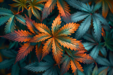 Leinwandbilder - Cannabis leaves swirling in a kaleidoscope of vibrant colors, symbolizing euphoria,