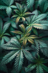 Leinwandbilder - Abstract representation of cannabis plants with neon glows, reflecting mood-enhancing effects,