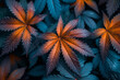 A series of cannabis leaves that gradually change from deep blues to radiant oranges, depicting mood transitions,