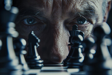 A man is looking at a chess board with a look of concentration on his face