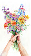 Graceful hand presenting a vivid watercolor bouquet with a burst of color - motive for valentine?s day or mother?s day