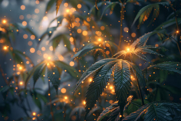 Leinwandbilder - Cannabis plants stylized as glowing entities in a mystical forest, highlighting their perception-altering properties,