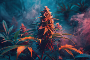 Leinwandbilder - Cannabis plants reimagined as parts of a whimsical machine, emitting puffs of colorful smoke,