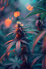 Leinwandbilder - Stylized representation of a cannabis garden at night, each plant illuminated with bioluminescent colors,