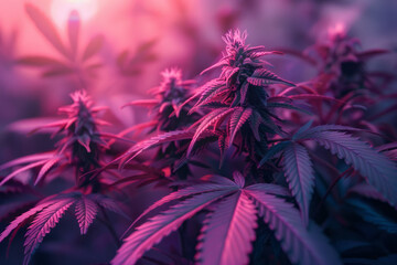 Leinwandbilder - A futuristic view of cannabis plants, with geometric leaves that emit a soft, soothing glow,