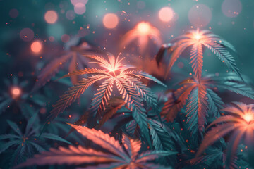 Leinwandbilder - A futuristic view of cannabis plants, with geometric leaves that emit a soft, soothing glow,