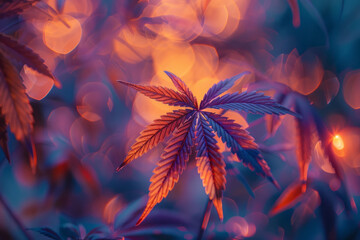 Leinwandbilder - An animated sequence of cannabis leaves dancing, each movement changing their color and form, reflecting dynamic effects,