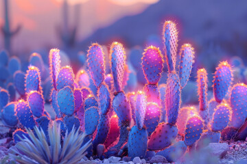 Poster - Neon-colored San Pedro cacti in a digital landscape, their surfaces shimmering like glass,