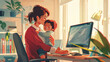 Illustrated moment of a businesswoman at her home office, tenderly holding her child while working
