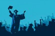 © SKIMP Art - illustration of an average looking man in a cap and gown holding his diploma up high, standing out from the crowd as he celebrates with friends at a graduation ceremony Generative AI