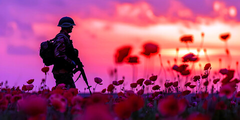 Wall Mural - silhouette of a soldier in a poppy field, ai generated.