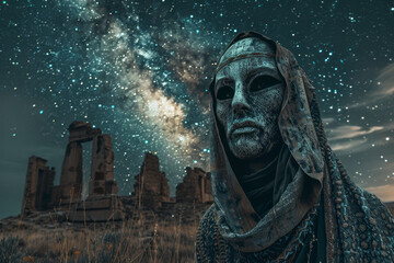 Poster - a figure in a rustic tribal mask, standing amidst ancient ruins, under a starlit sky,