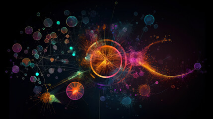 Poster - Abstract scientific concept with connected cells and particles. Science microscopic background.