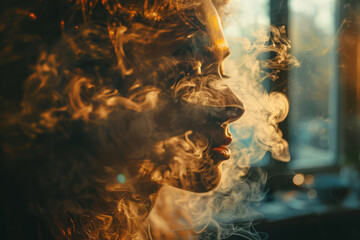 Poster - A portrait of a figure with a head of swirling smoke, gradually dispersing into the air, in a dimly lit room,