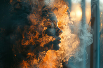 Poster - A portrait of a figure with a head of swirling smoke, gradually dispersing into the air, in a dimly lit room,