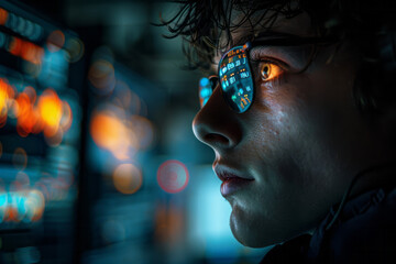 Poster - A shadowy figure in a dark room, their face illuminated only by multiple computer screens showing code,