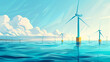 Illustration of modern wind turbines installed in the sea with a serene sky backdrop