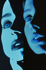 Stylish poster featuring two female faces in profile, cast in a dramatic blue tone, ideal for modern fashion branding