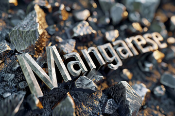 This image presents the word 'Manganese' raised above a background of coal pieces