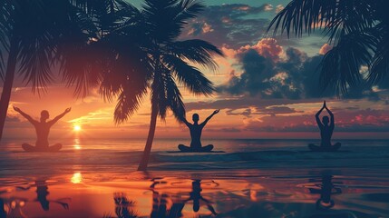 Poster - Group of People Practicing Yoga on Beach at Sunset. Generative AI