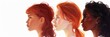 Profile view of young girls of different nationalities, ethnicities and skin colors, body care, multicultural young women, diversity and freedom and feminism concept, illustration banner