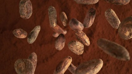 Poster - Super Slow Motion of Falling Group of Cocoa Beans. Falling Down into Cocoa Powder. Filmed on High Speed Cinema Camera, 1000fps.