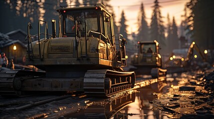 Poster - Large Bulldozer on Wet Road. Generative AI