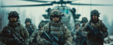 Portrait of the military. A group of soldiers in front of a combat helicopter. Concept of military action, special operations