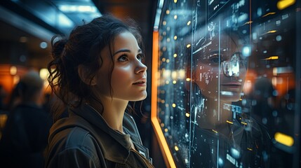Poster - Woman Examining Data Display on Wall. Generative AI