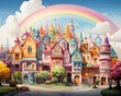 AI generated illustration of charming rainbow fantasy row houses in multiple bright colors