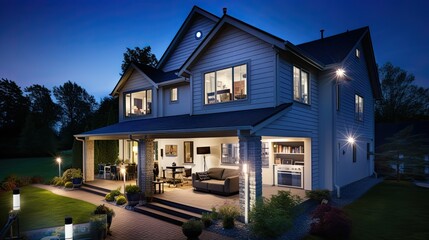 Aufkleber - Spacious House With Many Windows Illuminated at Night. Generative AI