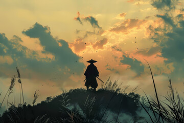 Wall Mural - A man in a samurai costume stands on a hill, looking out over a field
