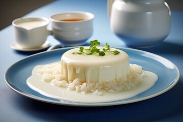 Aufkleber - Small White Cake on Blue Plate. Generative AI