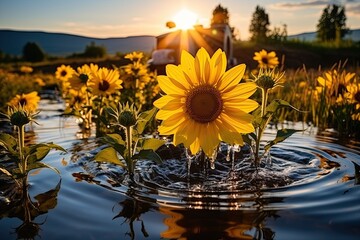 Aufkleber - Sunflower in Water Field With Truck. Generative AI