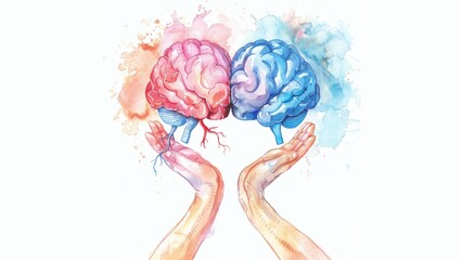 Wall Mural - Hands holding an object that is half a brain and half a heart shape that together make up a heart shape that shows closeness, caring, connection, a beautiful and delicate watercolor illustration