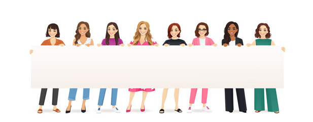 Happy smiling group of women holding empty blank placard or board standing together full length isolated vector illustration