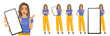 Beautiful business woman wearing bright clothes standing with phone in different poses, showing blank screens isolated vector illustration