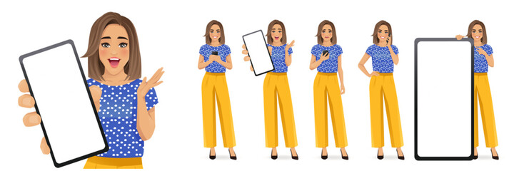 Beautiful business woman wearing bright clothes standing with phone in different poses, showing blank screens isolated vector illustration