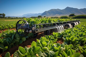 Aufkleber - Lush Green Plants in Foreground of Farm With Mountain Backdrop. Generative AI
