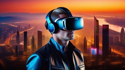 Fototapete - Man Wearing Virtual Reality Headset in Front of City. Generative AI
