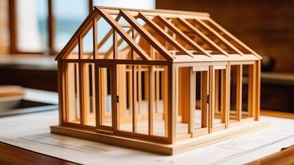Poster - Wooden Model House on Table. Generative AI