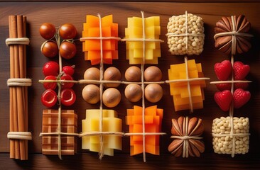 Aufkleber - A diverse assortment of food items displayed on a wooden table, ranging from fruits and vegetables to meats and cheeses.